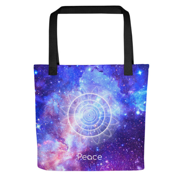 Black 15x15 tote bag with Sacred Geometry galaxy artwork, featuring the Sacred Sign of Peace and glowing stars in blue and purple.