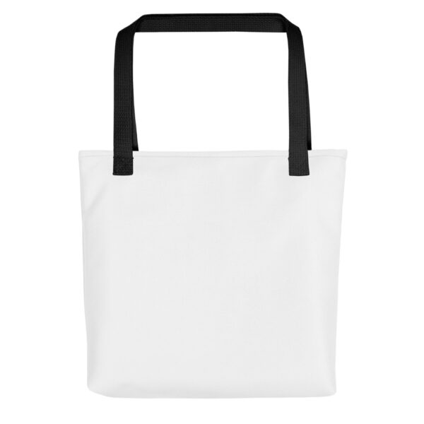 Black tote bag mockup with 15x15 sizing, featuring Peace in Motion – Sacred Geometry Galaxy sacred sign of peace design.