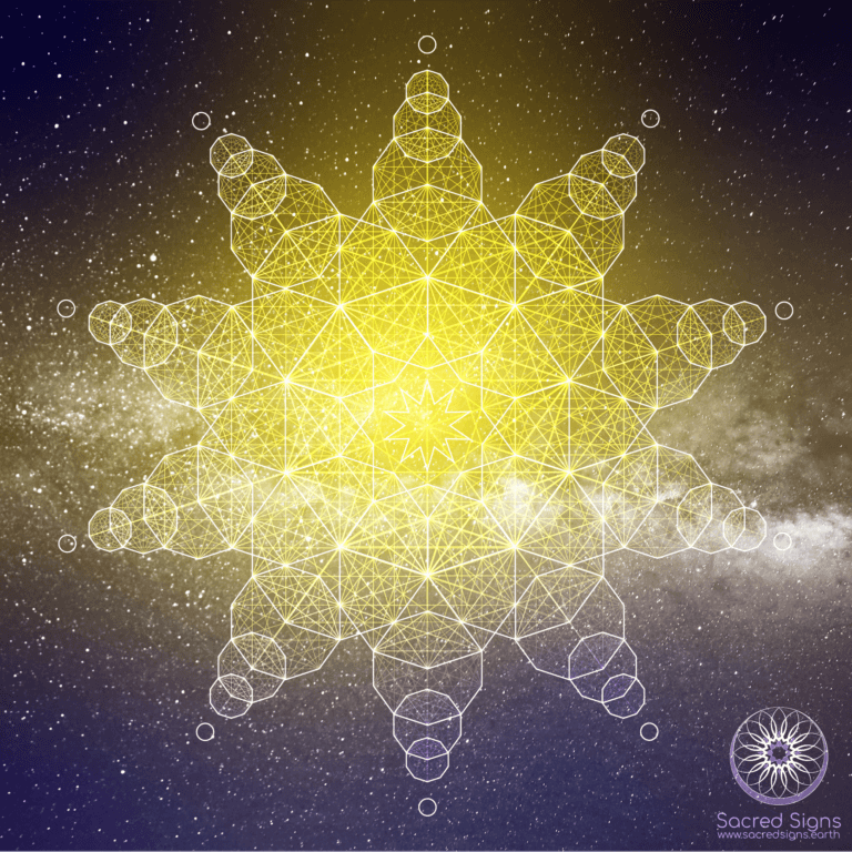 Geometric star design with intricate patterns and a glowing yellow center, set against a cosmic background of stars and space.