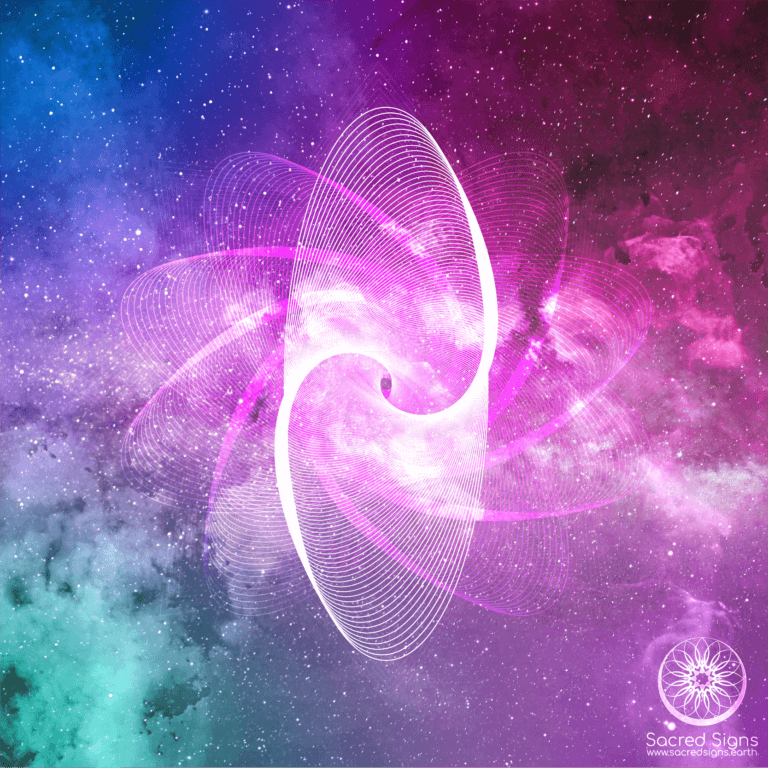 A vibrant cosmic spiral design featuring purple, pink, and teal colors, representing energy and cosmic flow in a celestial background.