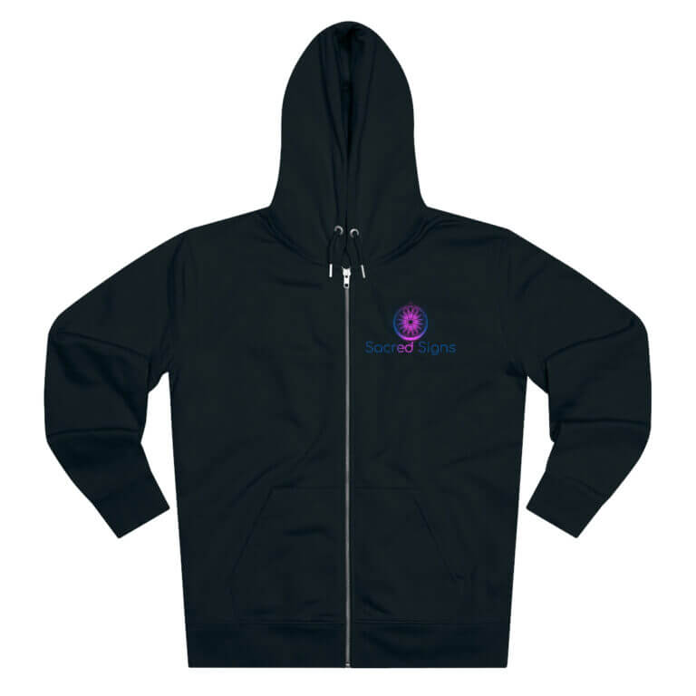 Black zip-up hoodie featuring Sacred Signs logo on the chest, ideal for casual wear and comfort.