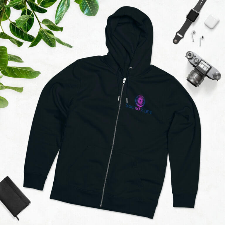 Black zip-up hoodie featuring Sacred Signs logo, ideal for casual wear and comfort, showcasing a modern design and quality fabric.