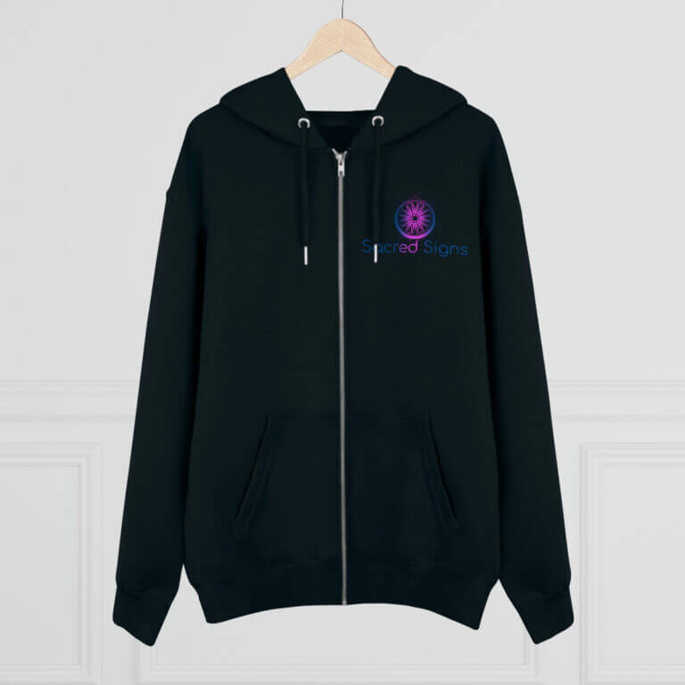 Black zip-up hoodie featuring Sacred Signs logo, ideal for casual wear and comfort, showcasing a stylish design with a front zipper.