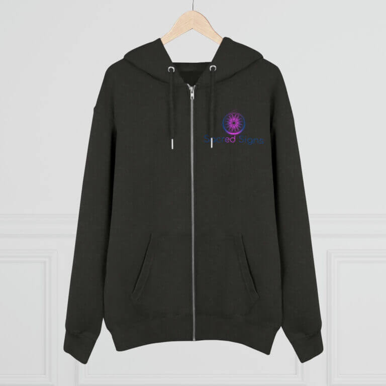 Dark green zip-up hoodie featuring Sacred Signs logo on the chest, ideal for casual wear and comfort.