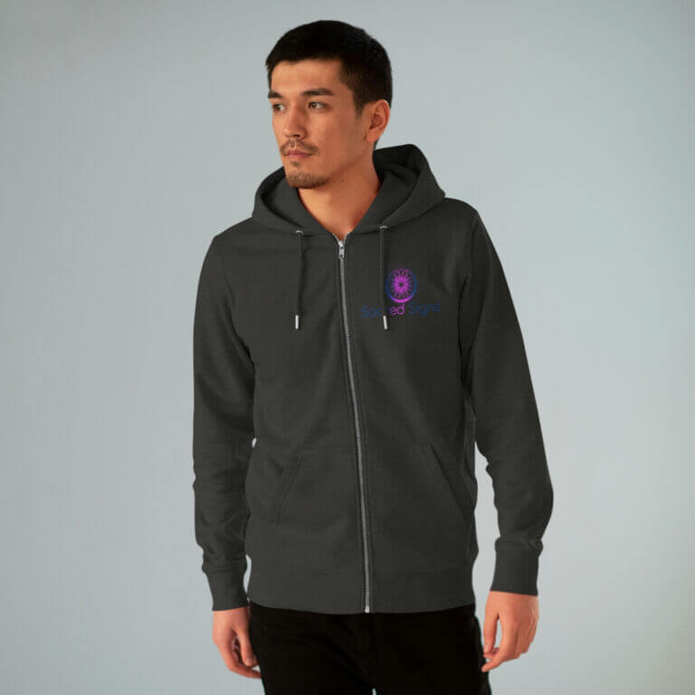 Men's zip-up hoodie in dark gray featuring a logo on the chest, suitable for casual wear and branding.