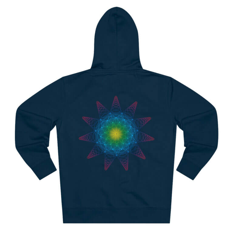 Navy blue hoodie featuring a vibrant geometric star pattern in multicolor on the back, showcasing a modern and artistic design.