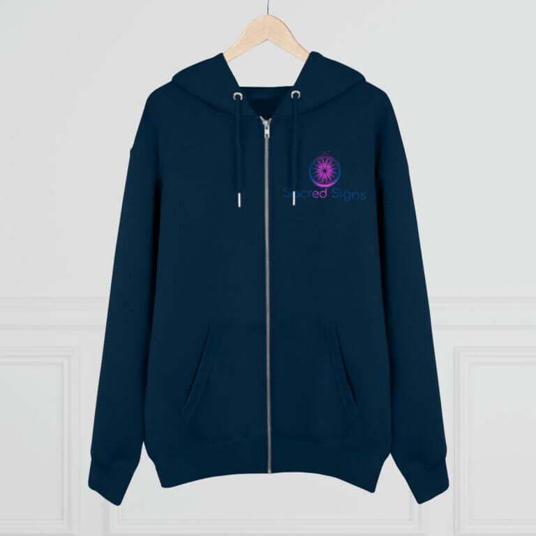 Navy blue zip-up hoodie featuring the Sacred Signs logo in purple on the left chest area, designed for comfort and style.