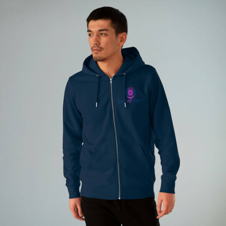 Navy blue zip-up hoodie featuring Sacred Signs logo on the chest, ideal for casual wear and comfort.