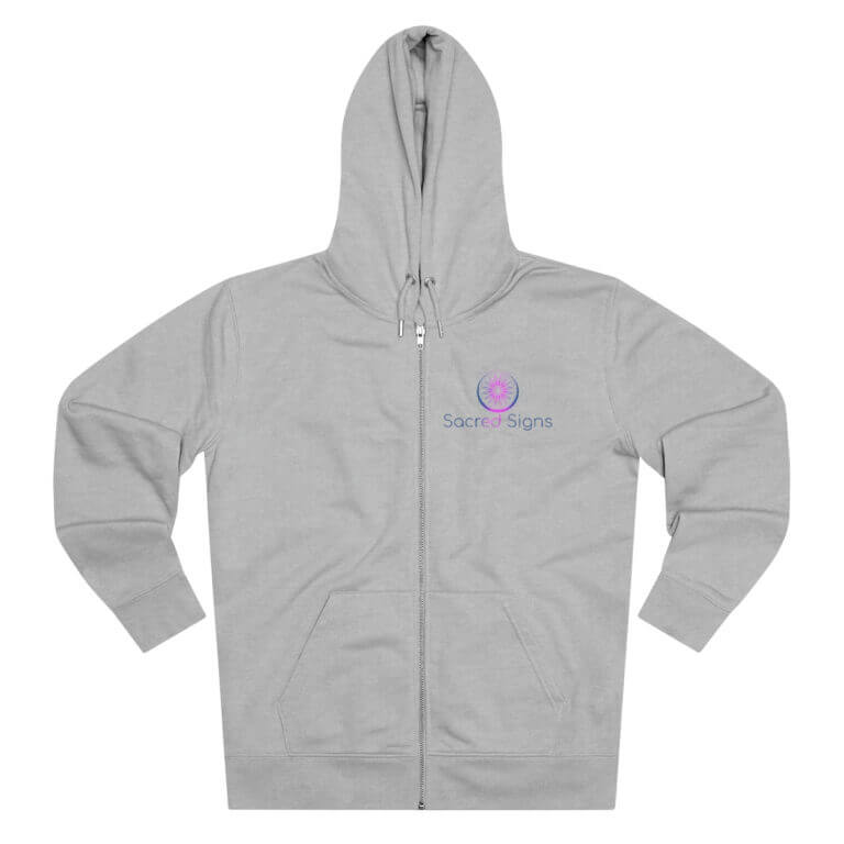 Gray zip-up hoodie featuring Sacred Signs logo on the chest, designed for comfort and style, suitable for casual wear.