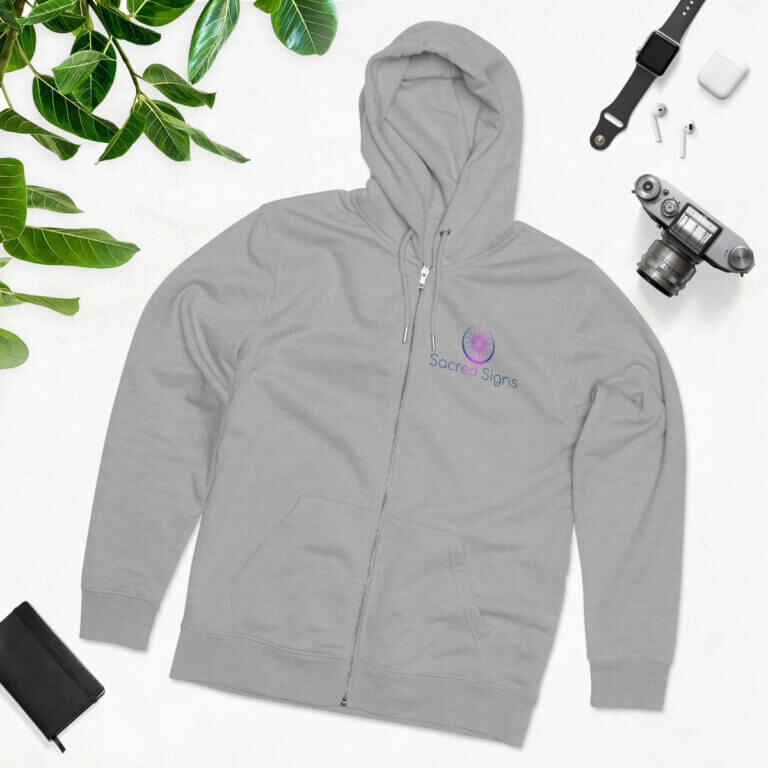 Gray zip-up hoodie featuring Sacred Signs logo, ideal for casual wear and comfort, showcasing a modern design and soft fabric.