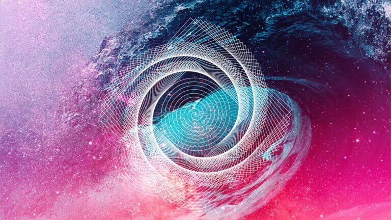 Abstract geometric design featuring a spiral pattern over a colorful cosmic background, ideal for digital art and modern aesthetics.