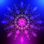 Geometrische mandala design met ingewikkelde patronen in levendige roze en blauwe tinten, die symmetrie en complexiteit laten zien.