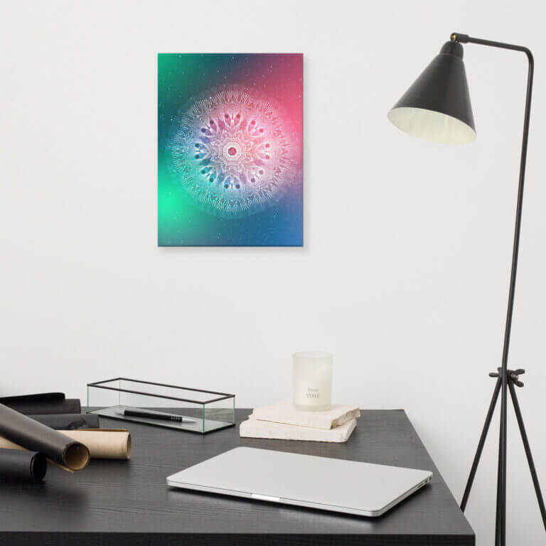 Vibrant abstract wall art featuring a colorful mandala design with a cosmic background, ideal for modern decor.