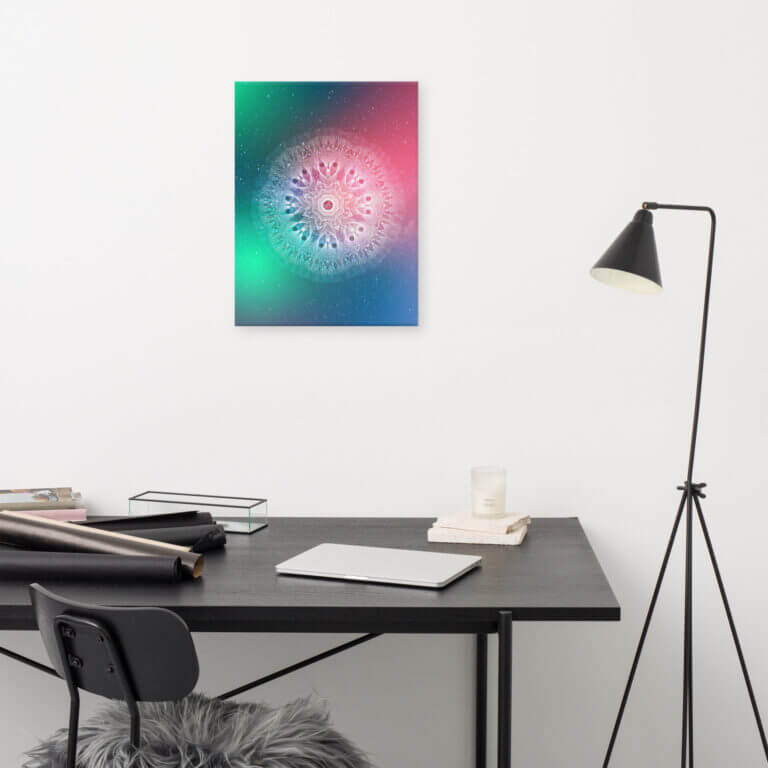 Colorful abstract wall art print featuring a circular design with vibrant colors on a smooth background, ideal for modern decor.