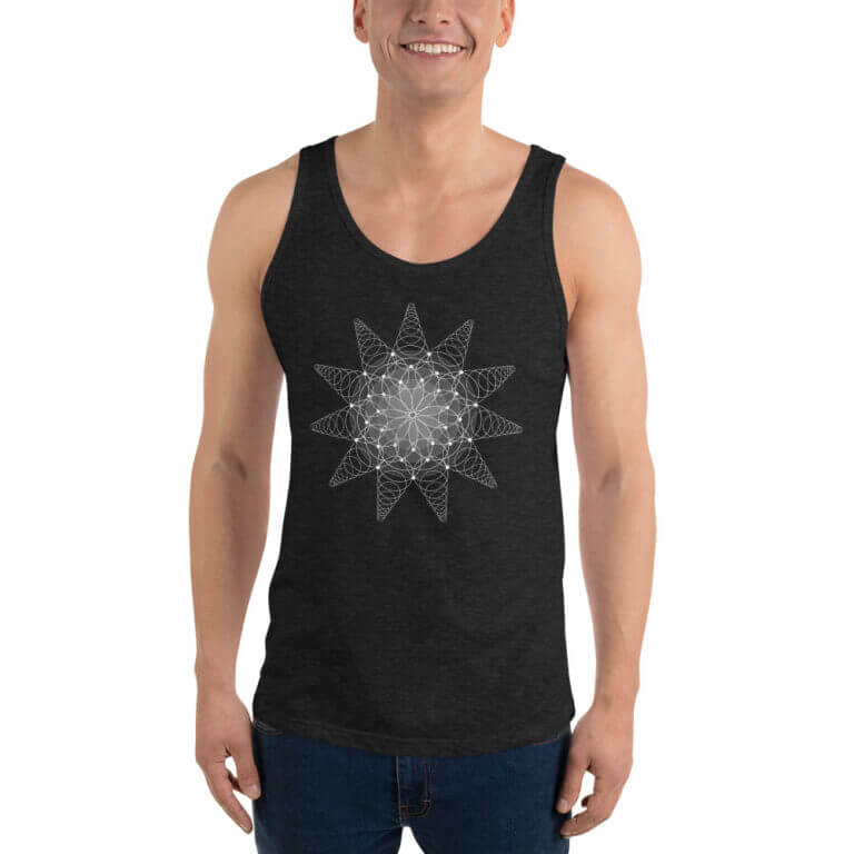 Men's black tank top featuring a geometric star design in white, perfect for casual wear and summer outings.
