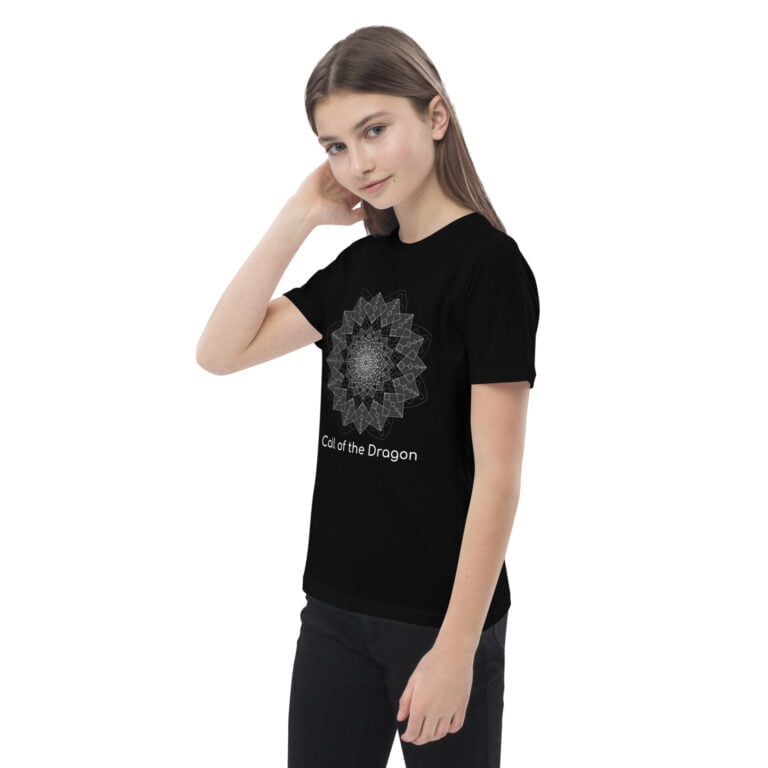 Black t-shirt featuring a mandala design with the text 'Call of the Dragon', suitable for casual wear.