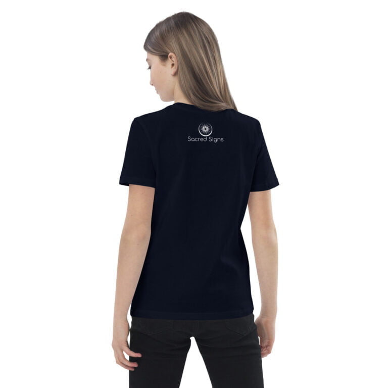 Black women's t-shirt featuring Sacred Signs logo on the back, made from soft fabric for comfort and style.