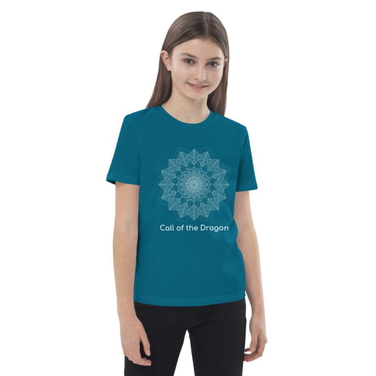 Teal children's t-shirt featuring a mandala design and the text 'Call of the Dragon' in white. Comfortable and stylish for everyday wear.