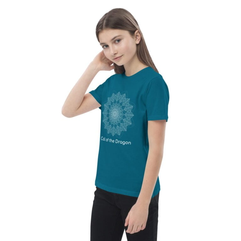Youth teal t-shirt featuring a mandala design with the text 'Call of the Dragon', perfect for casual wear and unique style.
