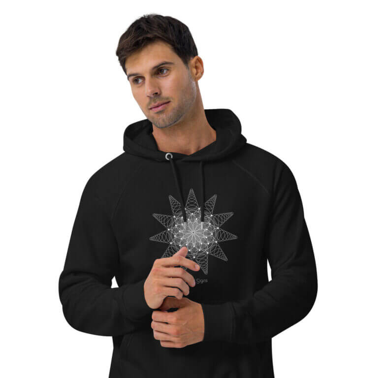 Men's black hoodie featuring a geometric star design on the front, crafted for comfort and style.