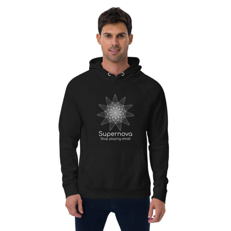 Black hoodie featuring a geometric star design and the text 'Supernova Stop playing small' for casual wear.