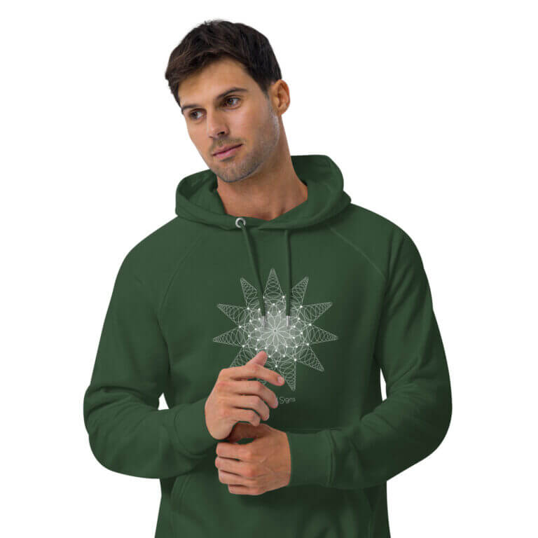 Men's green hoodie featuring a geometric star design on the front, made from comfortable fabric for casual wear.