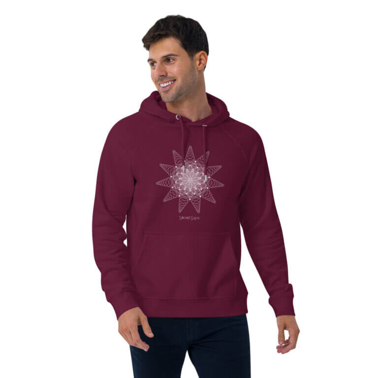 Maroon hoodie featuring a geometric star design, ideal for casual wear and comfortable style. Available in various sizes.