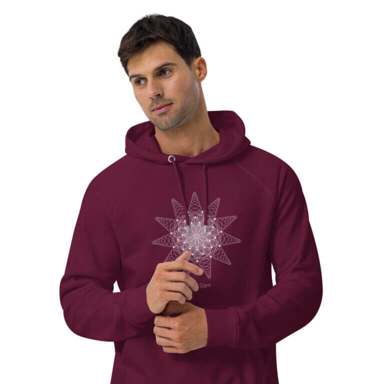 Maroon hoodie featuring a geometric star design on the front, perfect for casual wear and stylish comfort.