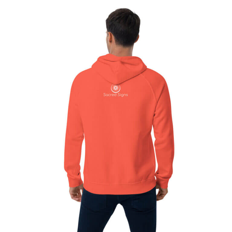 Men's orange hoodie featuring Sacred Signs logo on the back, ideal for casual wear and comfort.