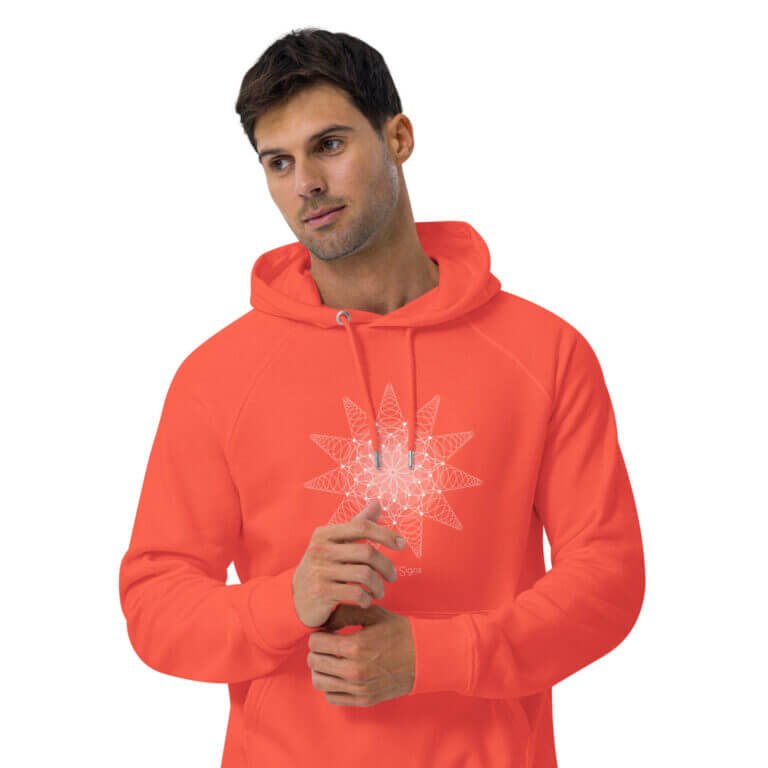 Bright orange hoodie featuring a geometric star graphic design on the front, perfect for casual wear and comfort.