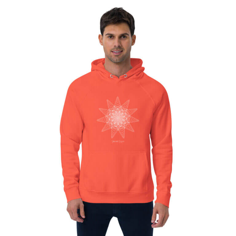 Men's orange hoodie featuring a geometric design on the front, ideal for casual wear and comfort.