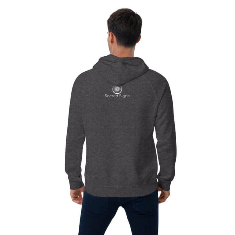 Back view of a gray hoodie featuring the Sacred Signs logo, showcasing a comfortable and stylish design for casual wear.