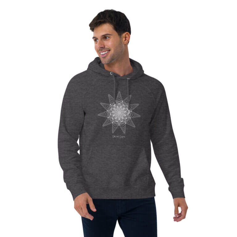 Men's dark gray hoodie featuring a white mandala graphic design on the front, made from soft and comfortable fabric.