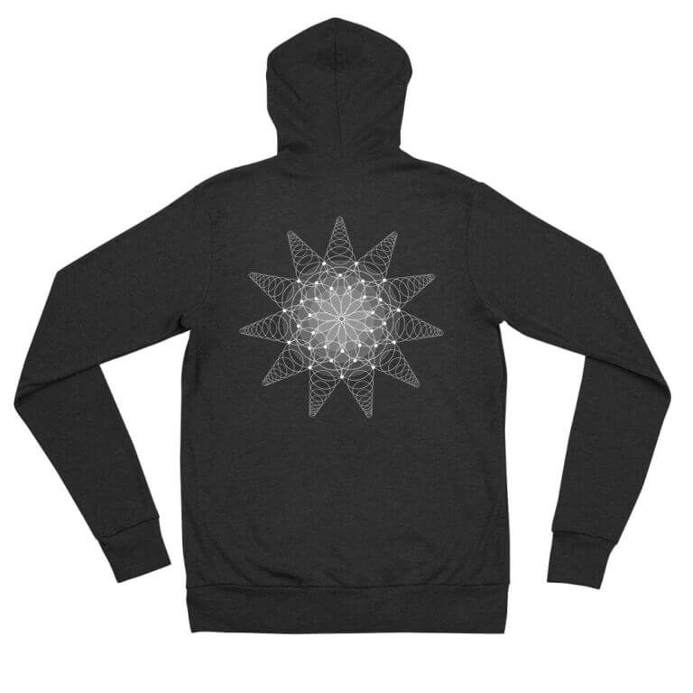 Black hoodie featuring a geometric star design on the back, ideal for casual wear and fashion enthusiasts.