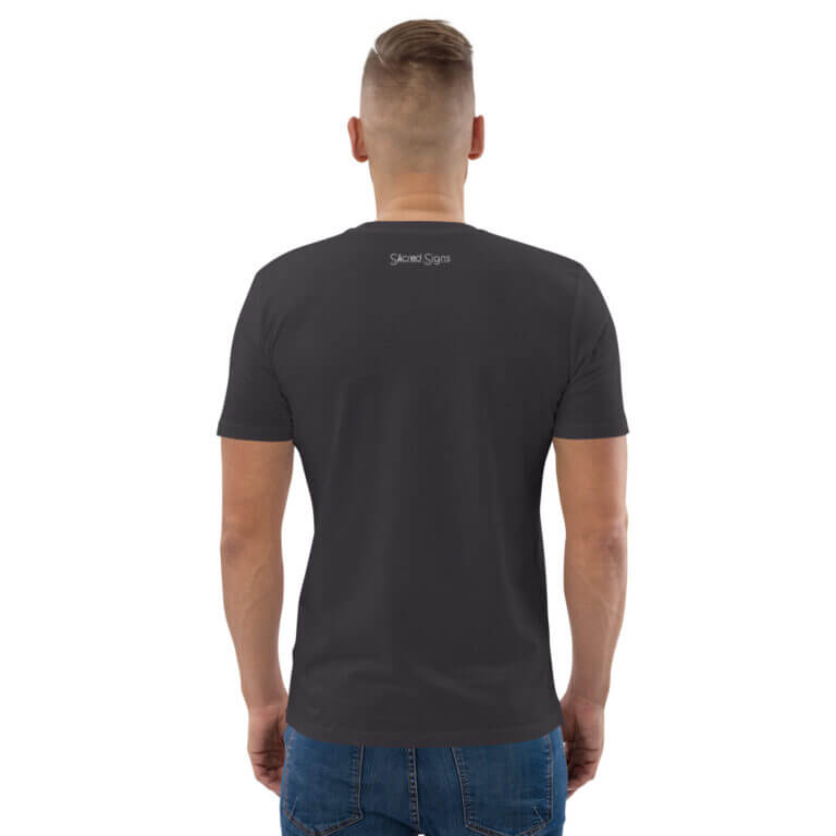 Men's dark gray t-shirt featuring a logo on the back, suitable for casual wear and brand promotion.
