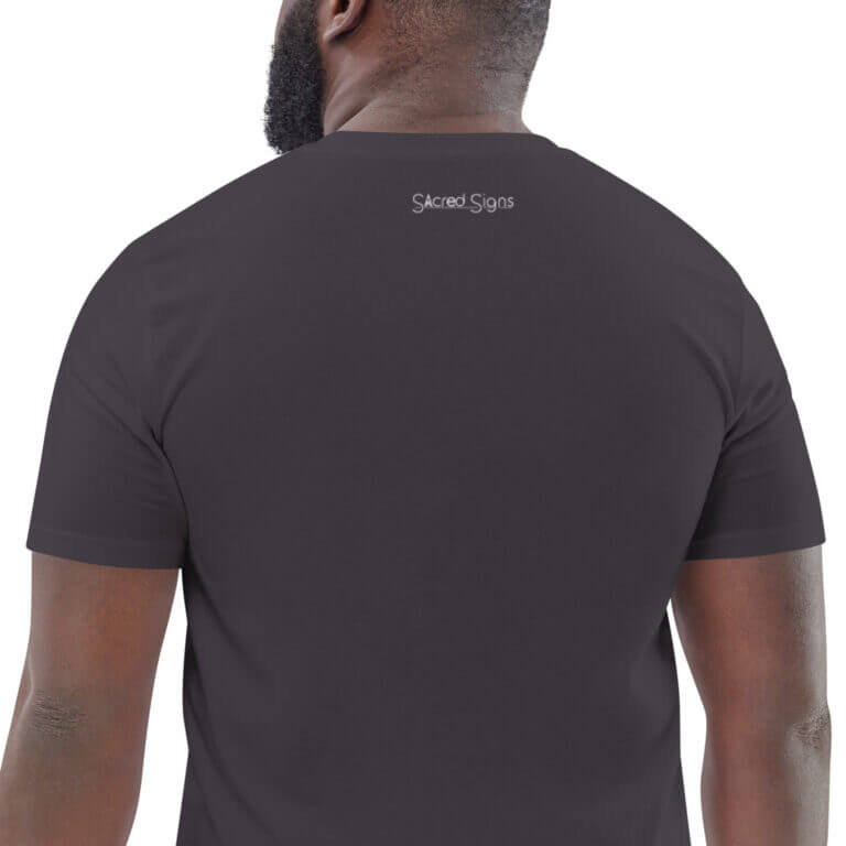 Black t-shirt featuring Sacred Signs logo on the back, designed for casual wear. Comfortable fit for everyday use.