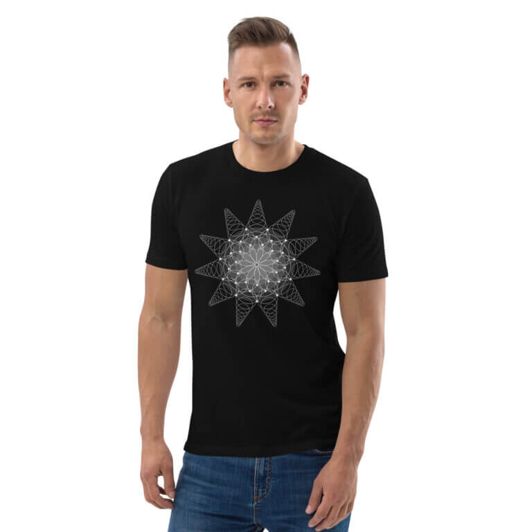 Men's black t-shirt featuring a geometric star design, perfect for casual wear and graphic tee enthusiasts.