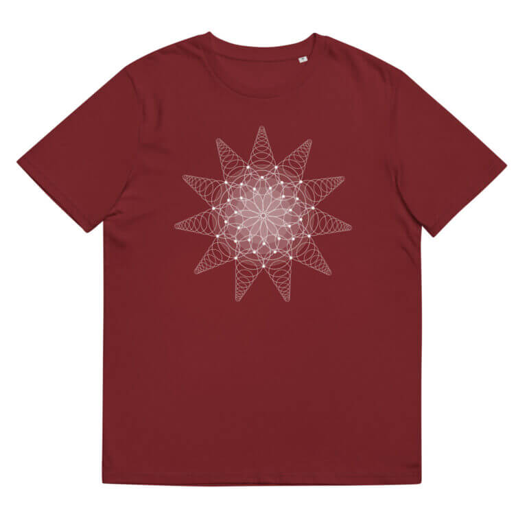 Red t-shirt featuring a geometric star design in white, perfect for casual wear and graphic tee collections.