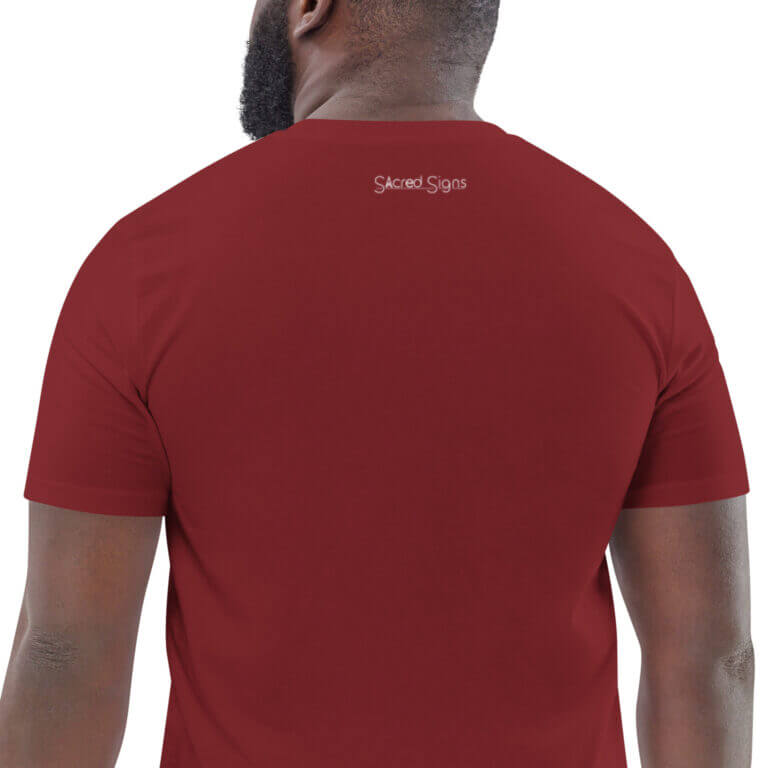 Back view of a red t-shirt featuring Sacred Signs branding, suitable for casual wear and everyday use.