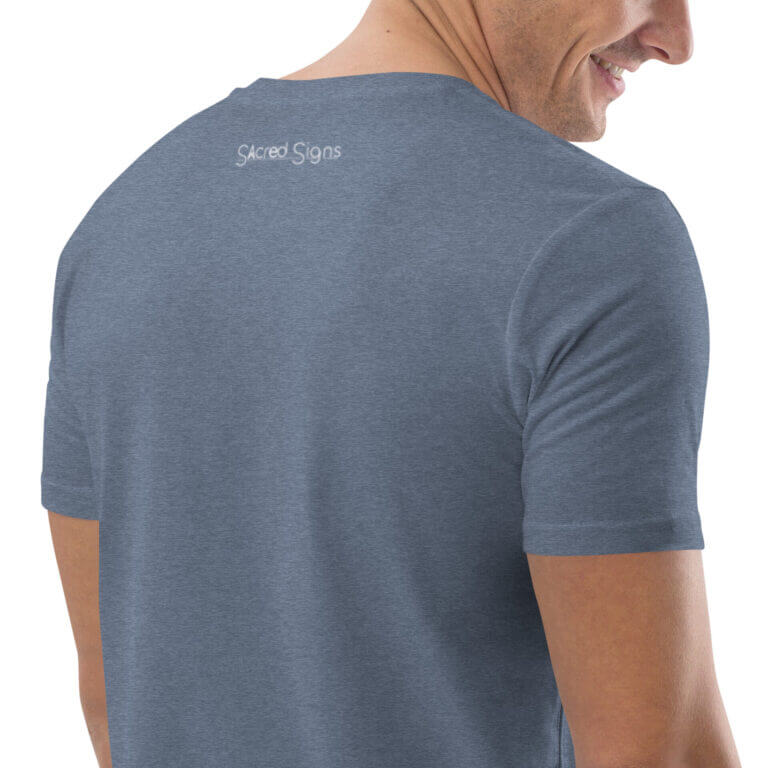 Men's blue t-shirt featuring Sacred Signs logo on the back, showcasing a comfortable fit and modern design for casual wear.