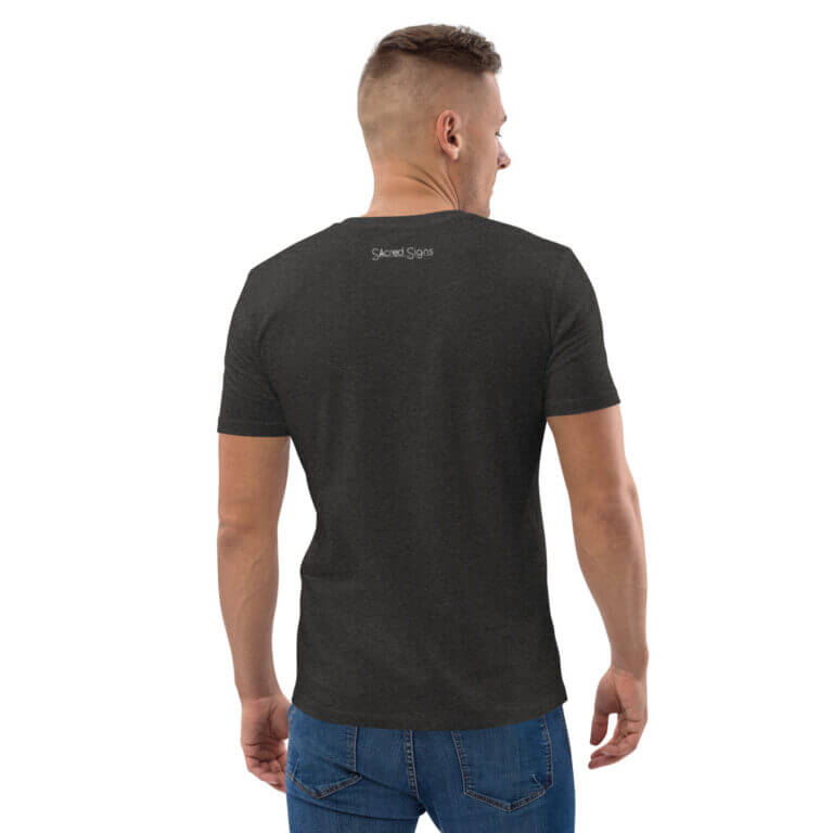 Men's dark gray Sacred Signs t-shirt showcasing the back design, perfect for casual wear and everyday style.