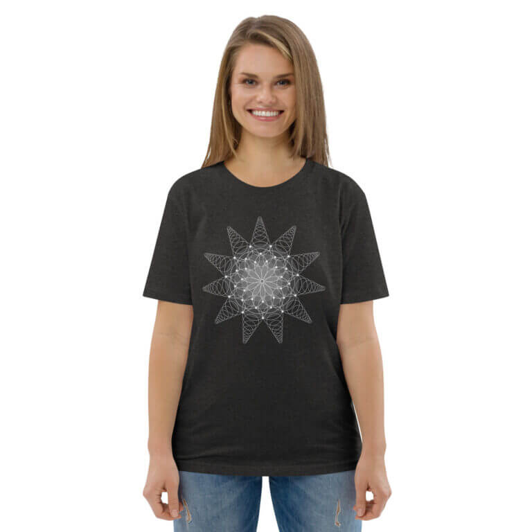 Black graphic t-shirt featuring a geometric star design in white, suitable for casual wear and fashion enthusiasts.