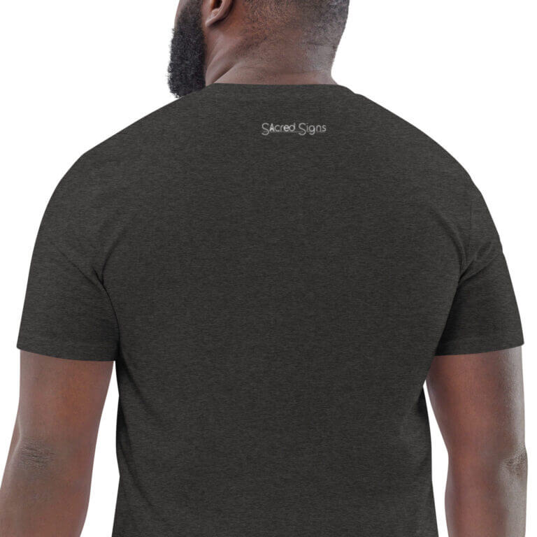 Men's dark gray Sacred Signs t-shirt featuring logo on the back, perfect for casual wear and brand enthusiasts.