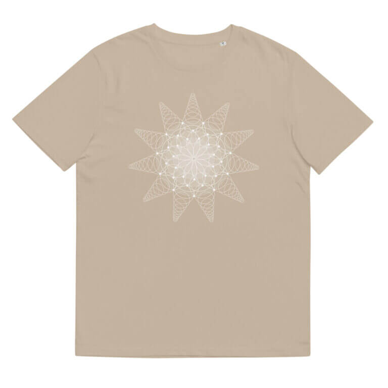 Beige t-shirt featuring a geometric sun design in white, perfect for casual wear. Comfortable fabric and unique style.