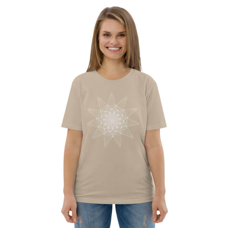 Beige t-shirt featuring a white mandala graphic design on the front, suitable for casual wear and everyday fashion.