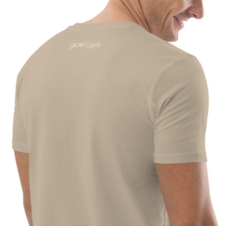 Back view of a men's beige t-shirt featuring Sacred Signs branding, showcasing a comfortable fit and soft fabric ideal for casual wear.