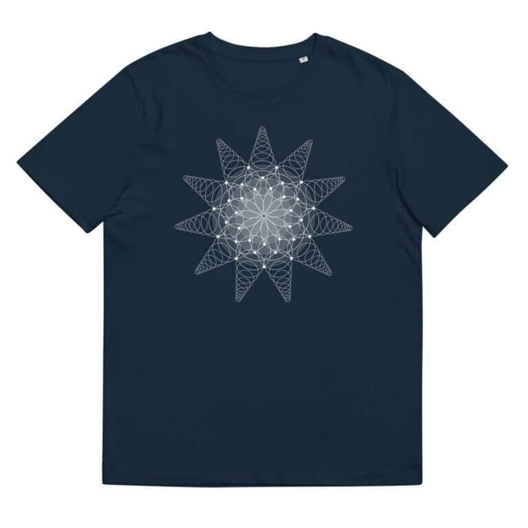 Navy blue t-shirt featuring a geometric star design in white, suitable for casual wear and graphic tee collections.