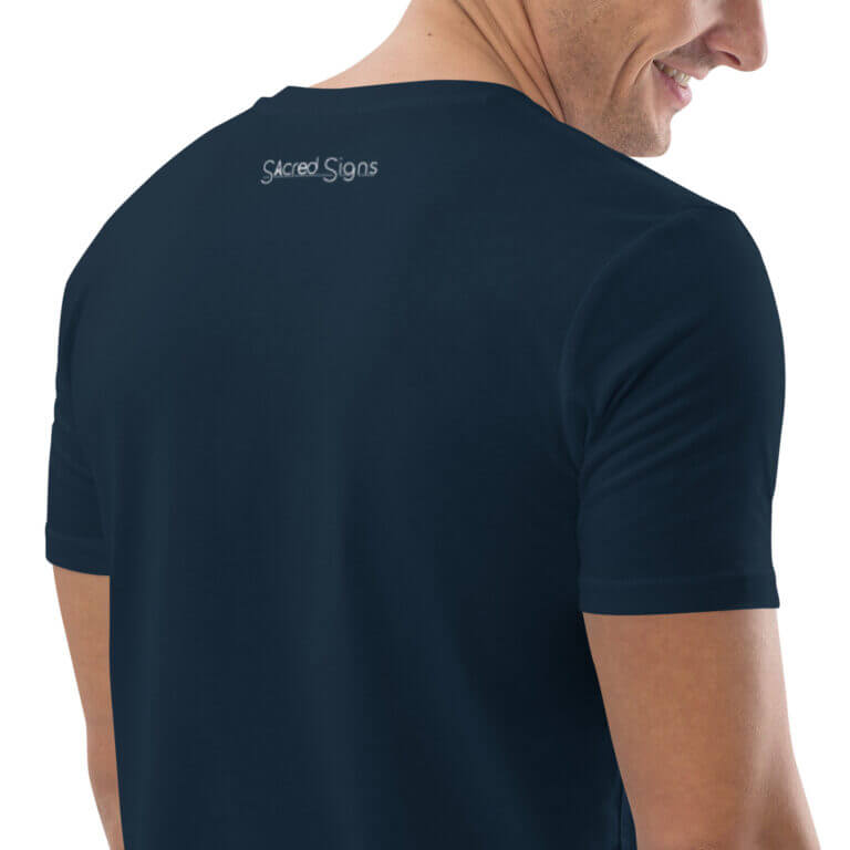 Men's navy blue t-shirt featuring Sacred Signs logo on the back, showcasing a comfortable fit and modern design.