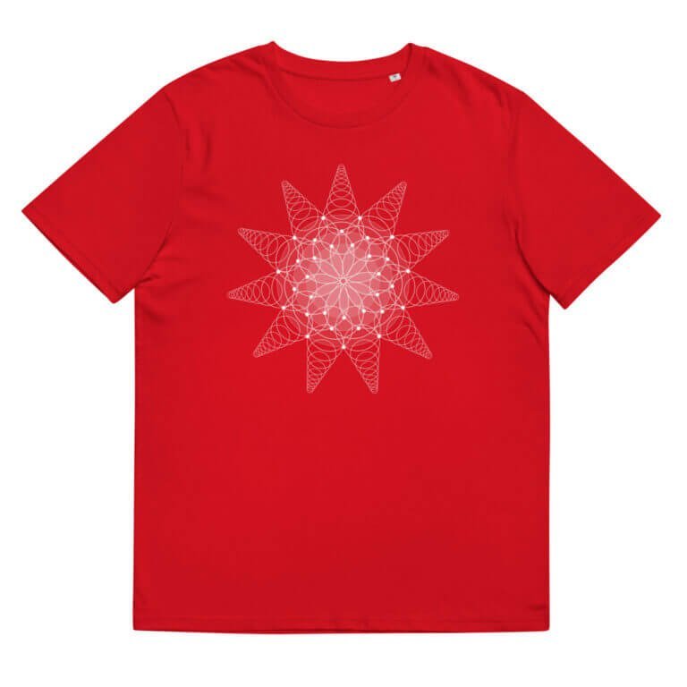 Red t-shirt featuring a geometric star design in white, suitable for casual wear and fashion enthusiasts.