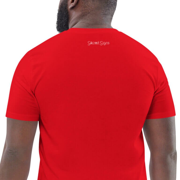 Red t-shirt featuring the Sacred Signs logo on the back, showcasing a vibrant color and comfortable fit for casual wear.